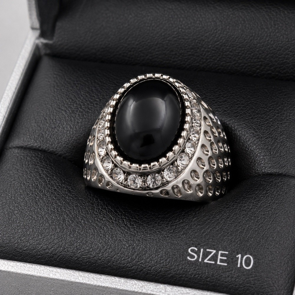 E0071-American Exchange Men's Black Cabochon Statement Ring Size 10 Silver Tone